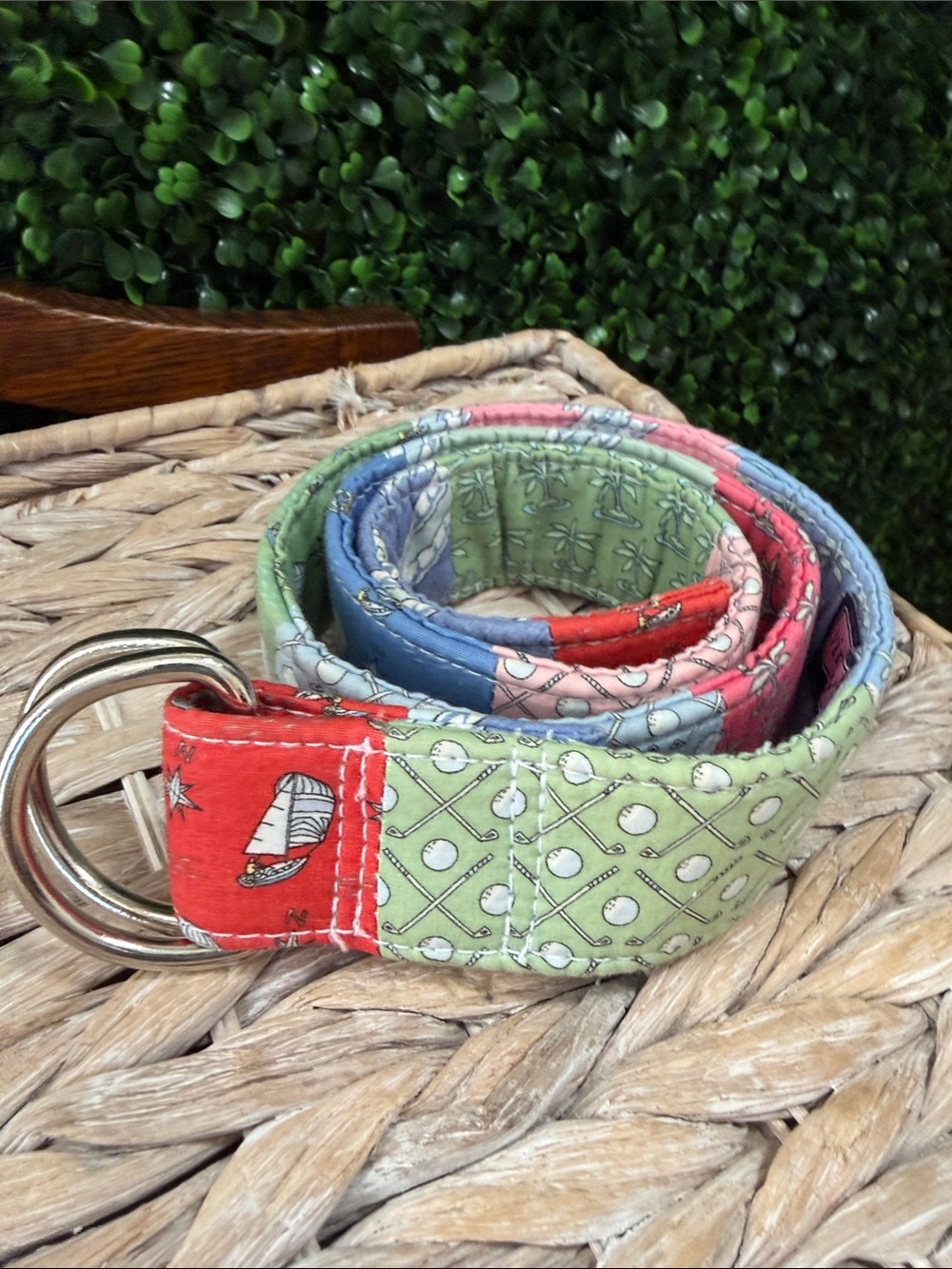 Vineyard Vines Quilted D-Ring Belt in Green, Blue & Red